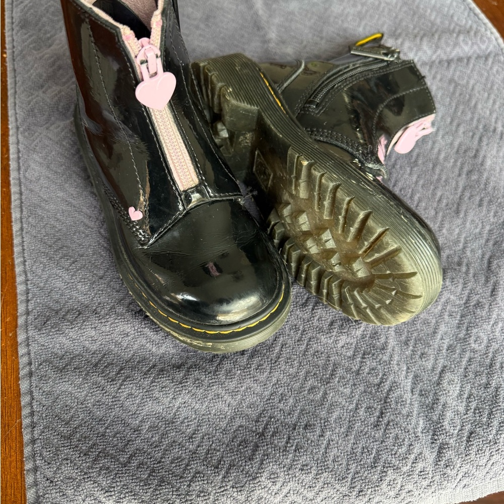 Dr. Martens Kids Black Patent Front-Zip Boots with Pink Heart Zipper Pulls